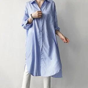 빅사이즈 롱남방 블루색상의 오버핏 스트라이프 롱셔츠 롱셔츠 원피스셔츠