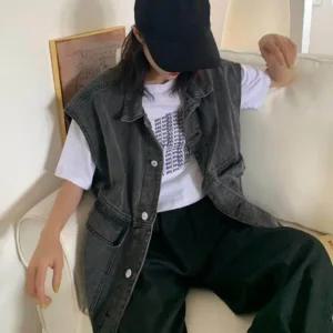 고품질 시크한 블랙 베스트 레이어드 탄탄한 데님 아우터 (WFK5YQV)