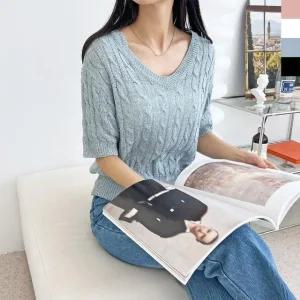 고품질 여자반팔니트 브이넥반팔니트 반팔니트 루즈핏 브 (WFK73O7)
