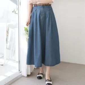 여자 봄 여름 가을 겨울 뒷밴딩 벨트 핀턱 플레어 데님 롱스커트 간절기 편한 긴 청치마