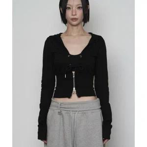 매장정품 ETRE AU SOMMET V-neck Corset Ribbed Hoodie zip-up (BLACK)