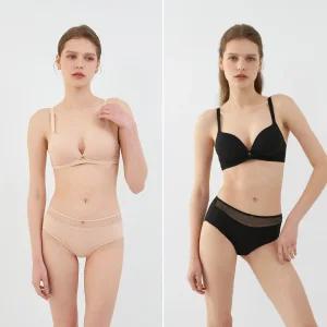[Wonderbra] 노와이어 푸쉬업볼륨 브라+하이웨스트팬티 4종 라이트베이지+블랙