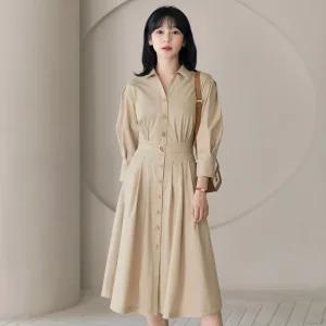 [시크라인] (~XXL까지) 미린 오픈카라 퍼프소매 밴딩 벨트 플레어 원피스 봄 가을 하객룩 오피스룩 모임 미시 빅사이즈