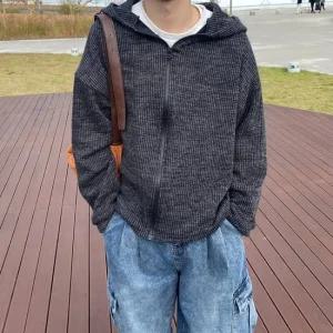 스트릿감성 남녀공용 왕골 가을 겨울 오버핏 골지 후드 집업 긴팔 니트 상의 빅사이즈 아우터 커플