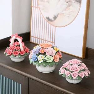 수제 도자기 꽃바구니 조각상 북유럽풍 세라믹 트럼펫 과일바구니 녹색 접시 화병 꽃장식