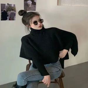 [콩심팥심]여성 4컬러 모던 데이트룩 터틀넬 언발 니트 숄 망토