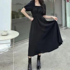 스퀘어넥 퍼프소매 셔링밴딩 휴양지룩 롱원피스 스퀘어넥원피스 퍼프소매원피스