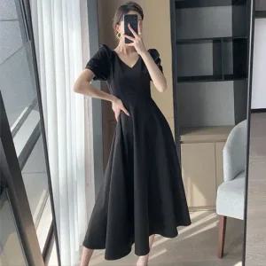 블랙 퍼프소매 브이넥 플레어 휴양지룩 롱원피스 블랙원피스 퍼프소매원피스