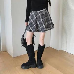 [하프클럽/]여자 레이온 격자 체크 뒷밴딩 a라인 미니 스커트