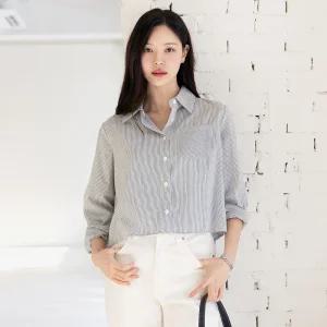 [시크라인] (~XXL까지) 다인 원포켓 스트라이프 크롭 셔츠 봄 가을 데일리 일상 캐쥬얼 출근룩 빅사이즈