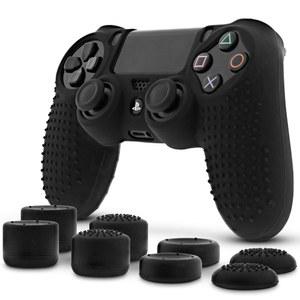 8개의 엄지 그립이 있는 포스몬 PS4 컨트롤러 스킨, 미끄럼 방지 실리콘 그립 커버 보호 케이스 소니 플레이스테이션 슬림/PRO 4 듀얼쇼크 컨트롤러(블랙)와 호환됨