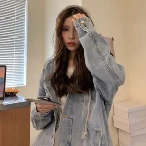 여성 루즈핏 후드 데님 자켓 포켓 디자인