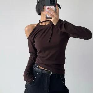 여자 언발 원숄더 리본 슬림핏 롱슬리브 스판 티셔츠