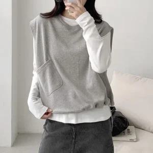 여자 사선포켓 스트링 면베스트 라운드넥 가을 조끼