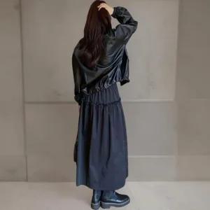 여성 힙무드 부드러운 가죽 루즈핏 하이넥 재킷