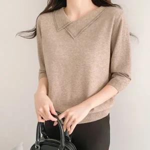 [다잇템] 여자 빨간 울 큐빅 카라넥 반짝 가을반팔티 언발 니트