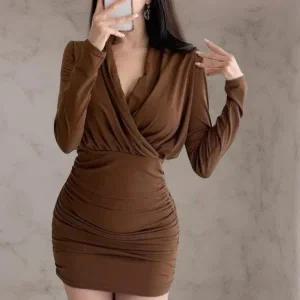 [다잇템] 여성 잔주름 쁘띠 롱슬리브 V넥 원컬러 랩 드레스_23200948_588872