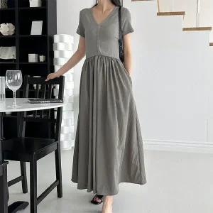 [트렌드스토어]여름 가을 편안한 브이넥 나일론 반팔 롱원피스_P367894699