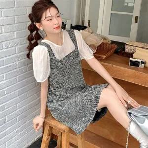 [트렌드스토어]뷔스티에 일체형 반팔 니트 미니원피스_P367894799