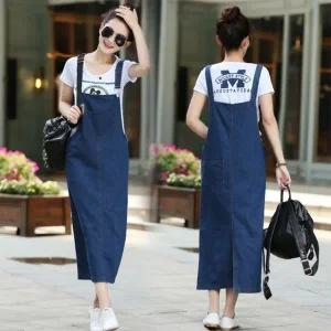 [트렌드스토어]캐주얼 루즈핏 진청 데일리룩 휴양지룩 멜빵 롱스커트_P368037994