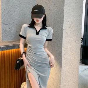 [트렌드스토어]봄 여름 가을 데일리 카라 배색 옆셔링 반팔 롱원피스_P368036907