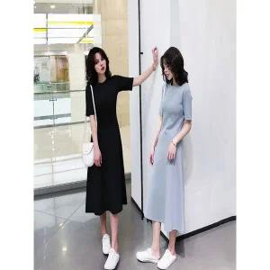 [트렌드스토어]단아한 스타일 무지 반팔 플레어 롱원피스_P376531683
