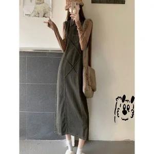 [트렌드스토어]캐주얼 빈티지 카라 민소매 데님 롱원피스_P376580025