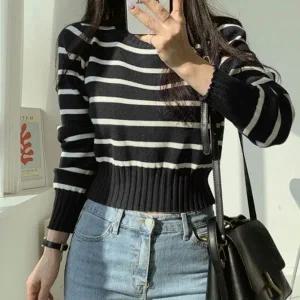 베이직 여성 니트티 단가라 라운드 크롭 긴팔 티셔츠