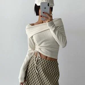 [옷자락]여자 옆셔링 오프숄더 롱슬리브 슬림핏 골지 티셔츠