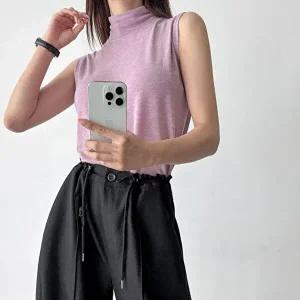 [옷자락]여자 이너티 민소매 목폴라 스판 루즈핏 무지 티셔츠