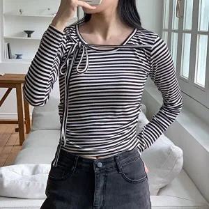 [옷자락]여자 단가라 리본끈 라운드넥 옆셔링 크롭 티셔츠