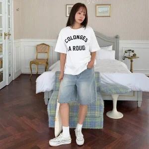 [하프클럽/] 여성 가을 피치기모 라운드넥 레터링 데일리 반팔 티셔츠