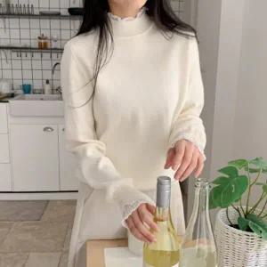 [하프클럽/]여자 프릴 이중 정장 하객 레이어드 모크넥니트 티셔츠