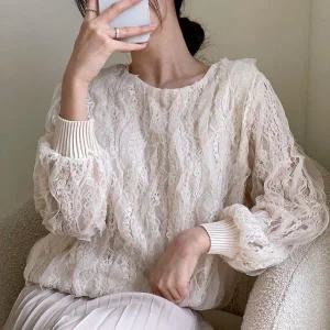[하프클럽/]여자 시스루 레이스 플리츠 레이어드 물결 블라우스