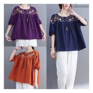 [퀸이즈] Free(66~77size) 체스트 자수 포인트 블라우스