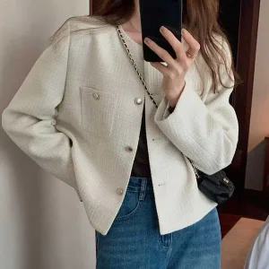 [하프클럽/]마들렌 금장버튼 라운드 긴팔 트위드 숏 자켓 간절기 가을 데일