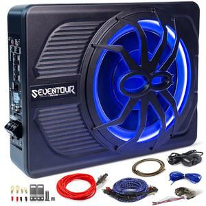 10인치 업그레이드 800W 슬림 언더시트 전동차 서브우퍼, 증폭기 앰프 콤보 패키지에 내장된 카/트럭 오디오 서브, 블루 LED 조명(서브우퍼+설치 와이어 키트)