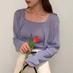 여성 멀티컬러 골지 크롭 나시와 가디건 세트