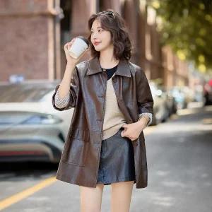 스파이더맨 여성 복고풍 터틀넥 가죽 코트 하프 봄 가을 스트라이프 재킷 OPH3