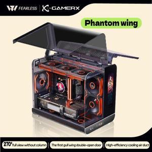 PowerTrain X-GAMERX 팬텀 윙 LCD 에디션 블랙 씨뷰 룸 케이스 MATX 수직 데스크탑 컴퓨터 360 수냉식 호스
