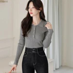 [시크라인] (~XXL까지) 하코메라 단추 골지 니트 가을 긴팔 카라니트 데일리 일상 캐쥬얼 출근룩 베이직 빅사이즈