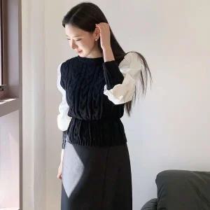[하프클럽/]여자 퍼프소매 블라우스 레이어드 꽈배기 니트