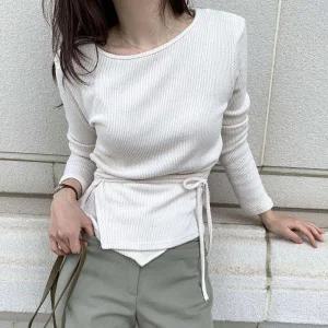 [다잇템] 여성 롱슬리브 골지 베이직 허리스트랩 코디 니트