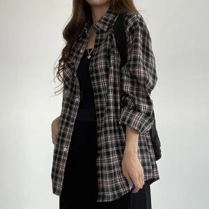 [하프클럽/]오버핏 블랙 레드라인 체크 남방 셔츠 to-2377d