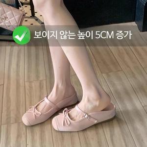 가죽 5cm 속굽 메리제인뮬 키높이 리본플랫 슬리퍼 발레코어룩 신발