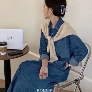 보니제이 / 청 데님 남방 셔츠 롱 원피스 (M XL) 카라넥 빅사이즈