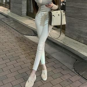 |CCP8332|여자 골드버튼 스키니 슬림 9부 하이웨스트 데님팬츠