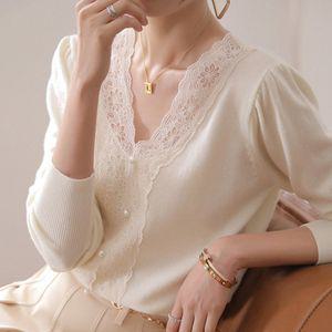 여성 브이넥 레이스 봄 가을 긴팔 니트 티 아이보리 여자 셔츠 스웨터 예쁜