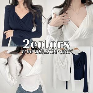 [와,미친섹시군살쏙-MADE/당출]봄신상 빅사이즈 셔링 랩 브이넥 티셔츠(485)데일리 하객룩 개강룩 데이트룩 국내제작 봄티셔츠 봄여름가을 통통녀 플러스사이즈