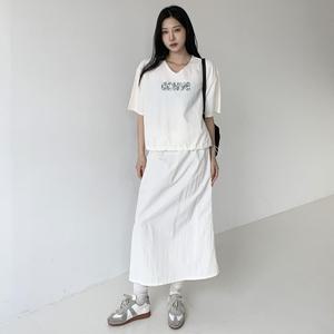 |KHD24E5|여성 브이넥 아노락 반팔 스트링 롱 스커트 세트
